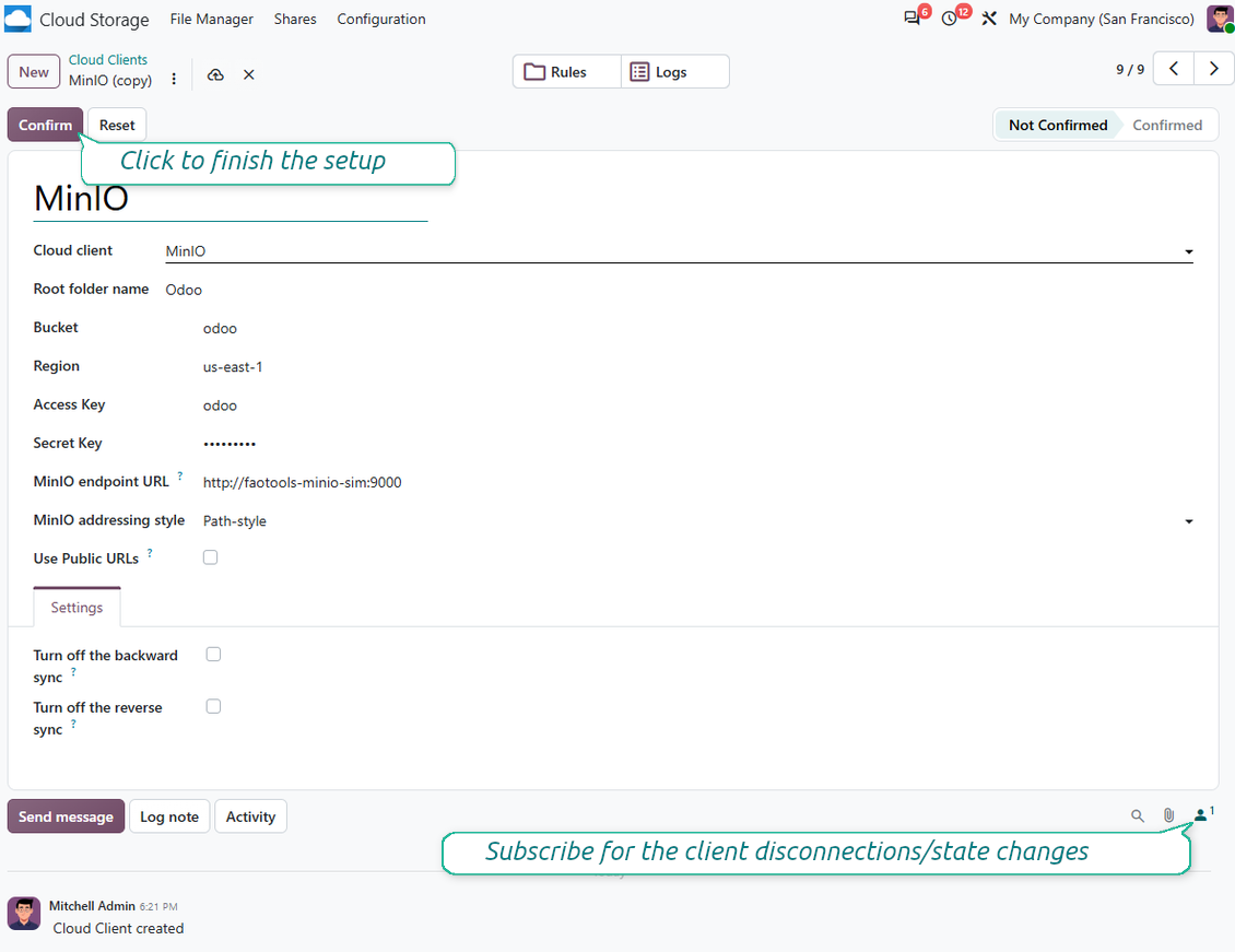 Configure and confirm the MinIO cloud client in Odoo with bucket, region, endpoint and keys